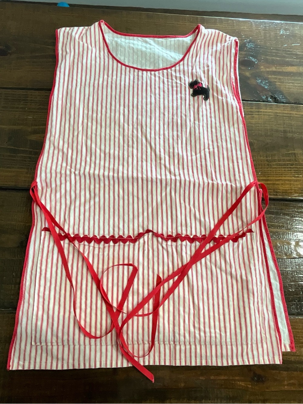 Vintage Striped Smock Apron Front Pockets Embroidered Scotty Dog Granny Core